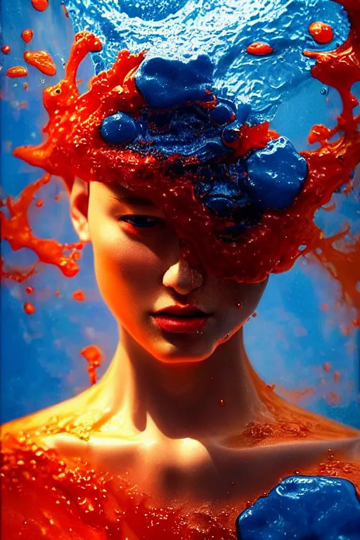 Prompt: 3 d, close - up, boiling liquid gold and red water, chuckles fashion model, vogue cover style, plastic, poster art, high detail, intricate oil painting, multiple exposure, deep blue mood, hyperrealism, 3 d, by tooth wu and wlop and beeple and greg rutkowski