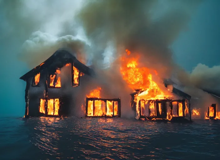 Image similar to dslr photo still of a house on fire under the water under water at the bottom of the ocean, 8 5 mm f 1. 8