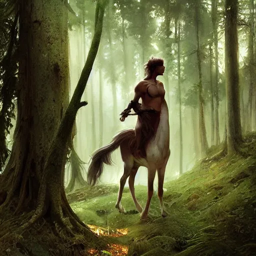 Image similar to centaur trapped in woods, desperate, dark green trimmed clothing, sharp focus, intricate, cinematic lighting, smooth, ultra realistic digital art, high fantasy, elegant, by artgerm, greg rutkowski, alphonse mucha