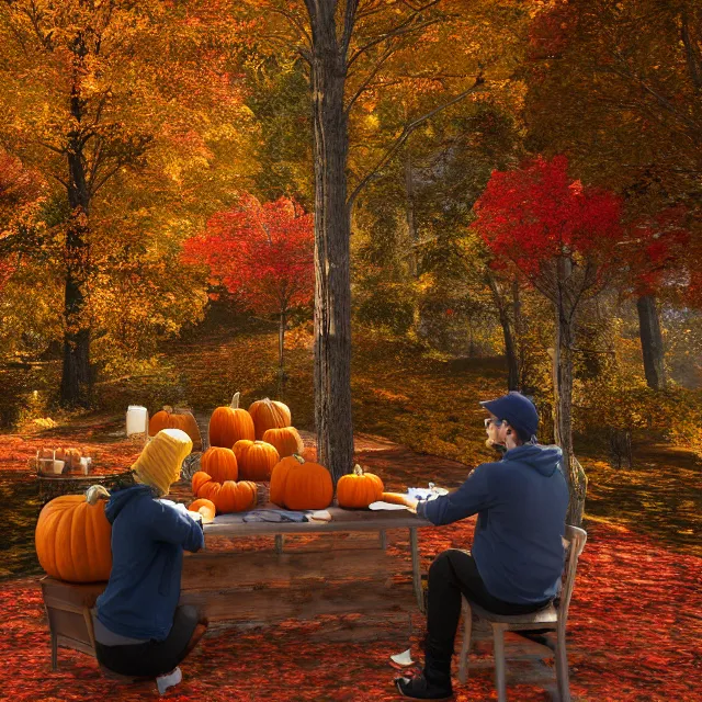 Prompt: pumpkin headed people ordering maple coffee at a maple coffee stand, maple trees with fall foliage, on a mountain in new hampshire, volumetric, realistic, cinematic lighting, ray tracing, unreal engine 5, octane render, hyper realistic, photo, 8 k