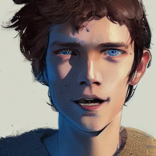 Image similar to portrait of a very masculine teenage girl with blue eyes and brown hair, short men's haircut, smiling, wearing an oversized sweater, dramatic lighting, illustration by Greg rutkowski, yoji shinkawa, 4k, digital art, concept art, trending on artstation