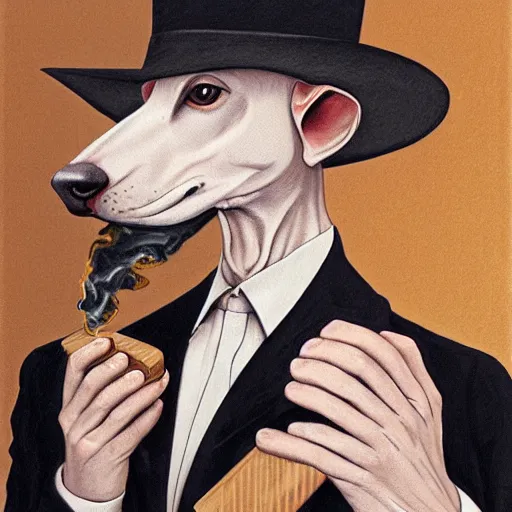 Prompt: Portrait of an anthropomorphic White Greyhound Mafia Don wearing a black fedora hat and holding a smoking cigar in a smoky room. Very high quality. Drawn by James Christensen