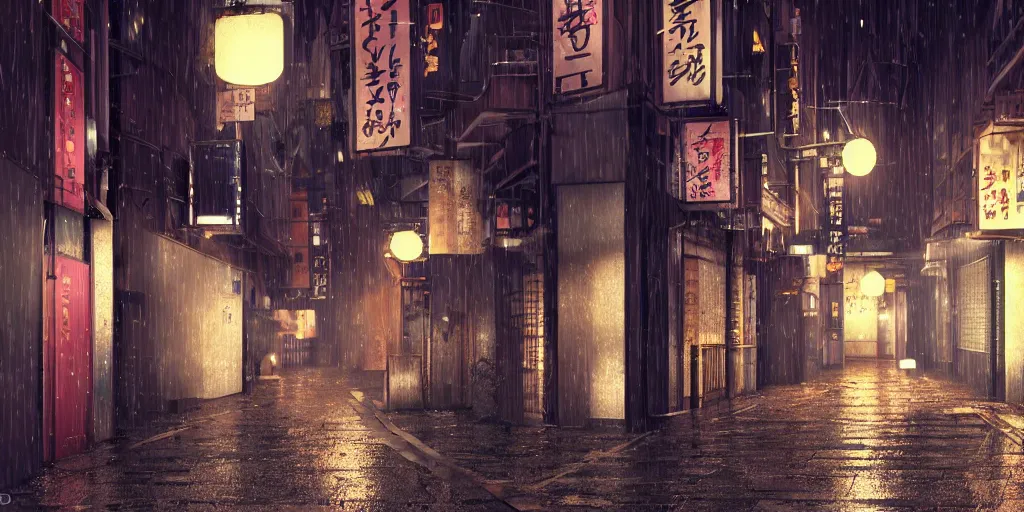 Prompt: quiet tokyo alley at night, raining, dim volumetric lighting, 8 k octane render, hdr, hyper realistic, hyperdetailed, epic composition, cinematic lighting, masterpiece, street photography