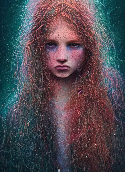Prompt: close up of a gloomy identical twins with tons of glowing freckles and glowing frizzy hair by disney concept artists, backlit, moody, intense, intricate, indie studio, fantasy, moody, rim lighting, godly light, pastel colors, emotional, sketch, fantastical, whimsical, noise, dappled light, stippling!!!