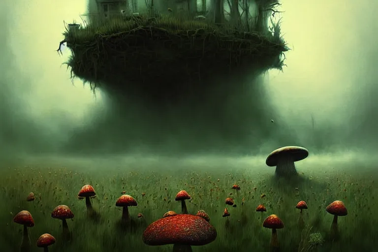 Prompt: surreal painting by greg rutkowski and chesley bonestelll!!, garden wild flowers + poison toxic mushrooms + long grass + garden dwarfs + giant fly! + mystic fog, 5 0's vintage sci - fi style, rule of third!!!!, line art, 8 k, super detailed, high quality, beautiful dynamic dramatic very dark moody contrast