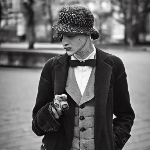 Image similar to A male German street fashion blogger from Berlin in the nineteen-twenties, highly detailed photo full shot