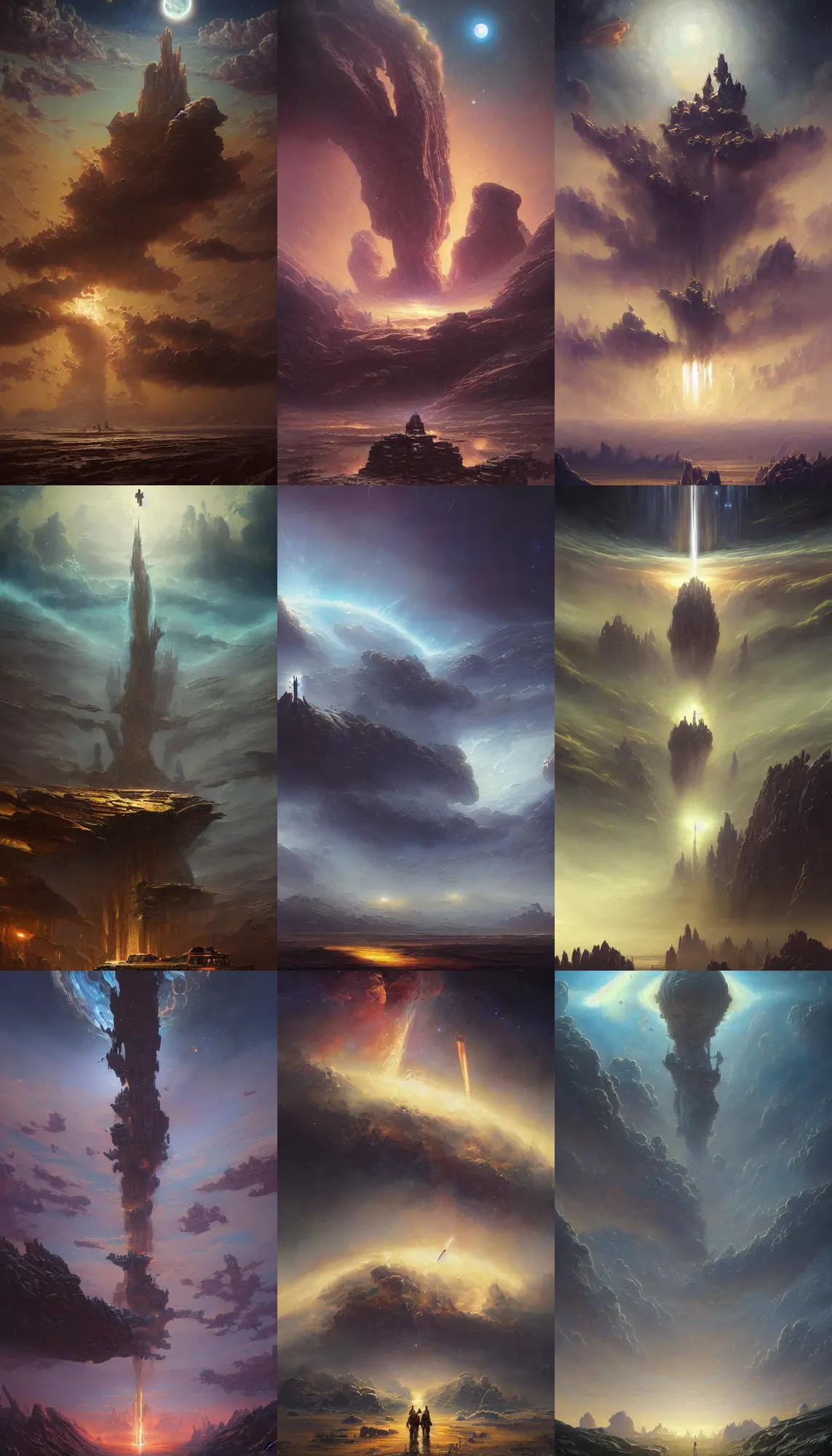 Prompt: oil painting on canvas, amazing unique concept art, the great cosmic machine by James Gurney and Greg Rutkowski and Tyler Edlin and Simon Stalenhag and Jim Burns, atmospheric lighting, epic scale, enormous scale, dynamic angle, dramatic composition, rule of thirds, sense of awe, beautiful, imposing, divine, deep space, surreal, 4k hubble space wallpaper, award winning, trending on art station