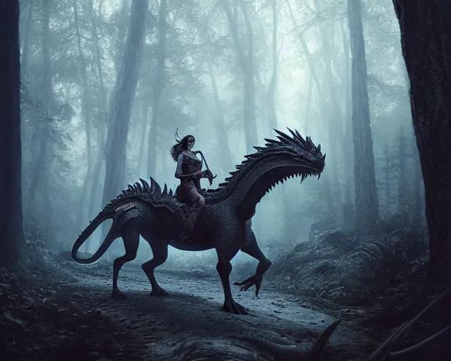 Image similar to 5 5 mm portrait photo of a dragon rider, in a magical forest. dark atmosphere. art by greg rutkowski. highly detailed 8 k. intricate. lifelike. soft light. nikon d 8 5 0.