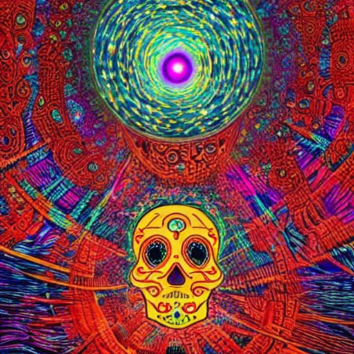 Image similar to dia de los muertos lamp in a quantum wormhole, juxtapoz, artforum, james eads
