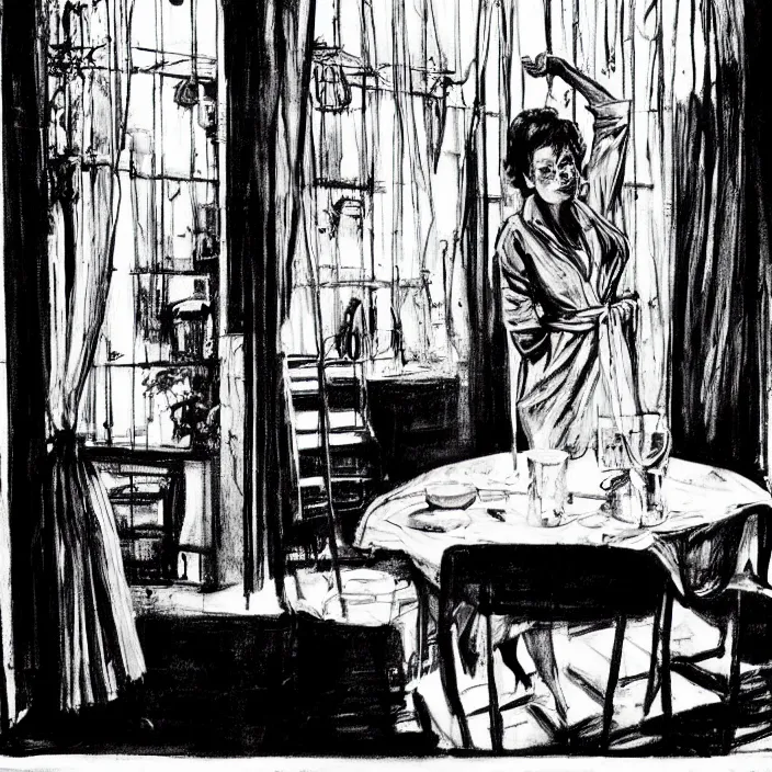 Prompt: inside a very dark scary dingy 1 9 6 0 s house. susan sarandon wearing old bathrobe sits behind a table. technique : black and white pencil and ink. by gabriel hardman, joe alves, chris bonura. cinematic atmosphere, detailed and intricate, perfect anatomy