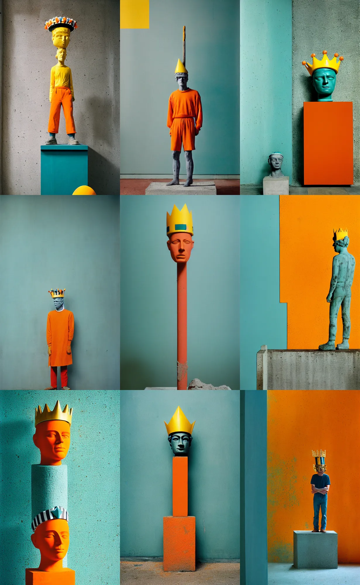 Image similar to kodak portra 4 0 0, 8 k, shot of a highly detailed, britt marling style, colour still - life portrait of a large minimalistic room, rough concrete walls, a single rough carved wooden teal and orange striped coloured statue is standing on a concrete podest with a yellow crown on his head, muted colours