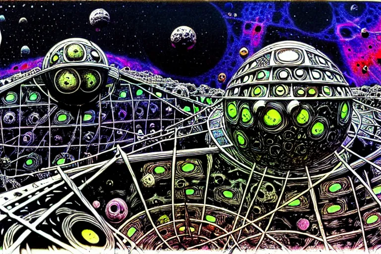 Image similar to ian miller, rotten space station, floating in psychedelic space nebula, highly detailed