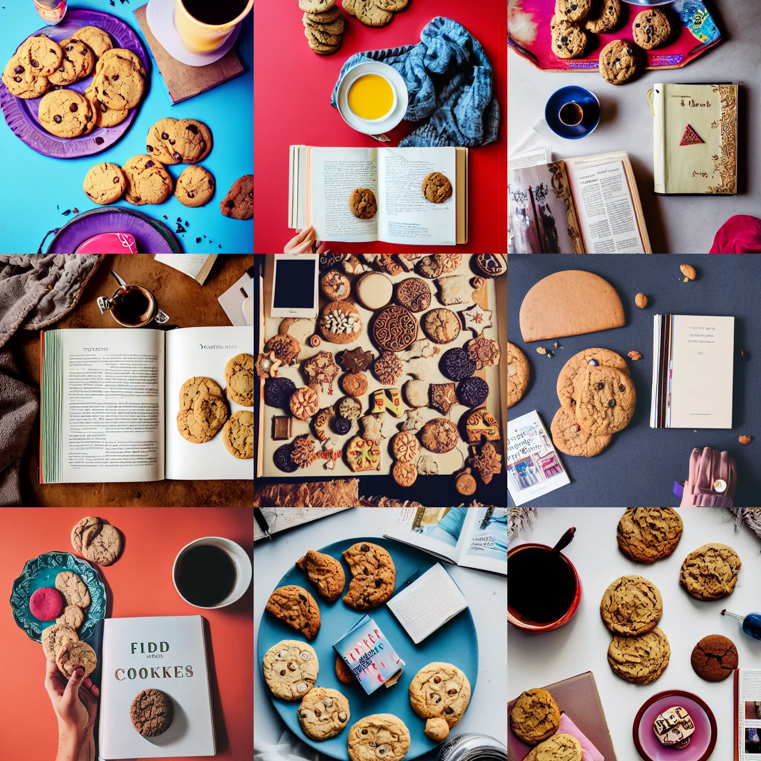 Prompt: flatlay book collection, vivid colors, dramatic lighting, plate of cookies