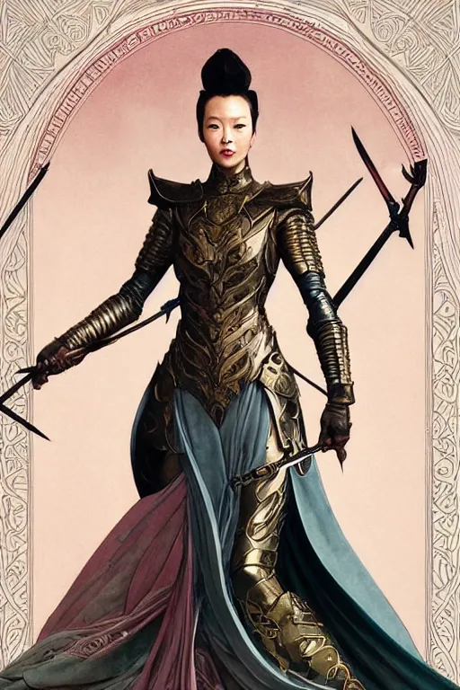 Image similar to full length portrait of zhang ziyi in armour, by eve ventrue, michael carson, andreas rochas, john watkiss, casey weldon, artgerm. art nouveau. tarot card by mucha. gloomhaven. swirly intricate linework background. gaudy colors, sharp edges. octane render