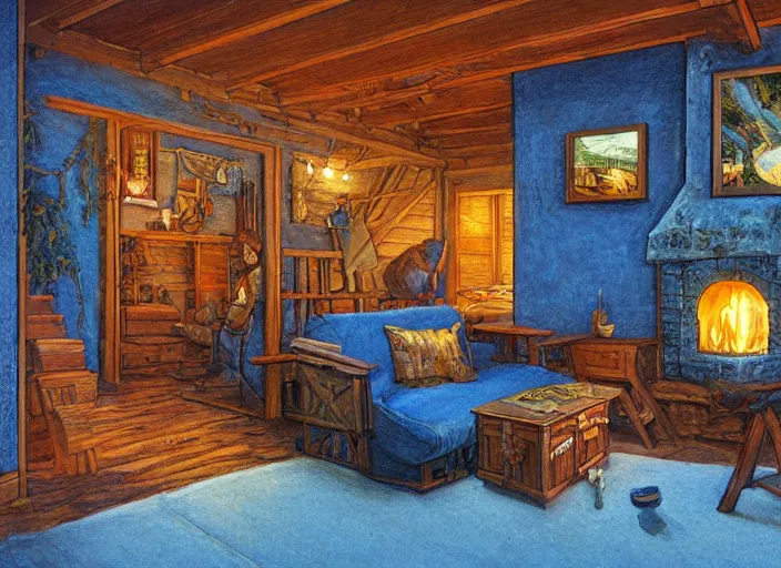 Image similar to the living room of a cozy wooden house with a fireplace, at night, interior design, d & d concept art, d & d wallpaper, warm, walls painted blue, blue walls, digital art. art by james gurney and larry elmore.