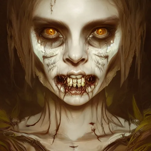 Image similar to detailed portrait of a cute undead zombie girl, beautiful, fantasy, intricate, elegant, highly detailed, digital painting, artstation, concept art, matte, sharp focus, illustration, art by aenaluck and roberto ferri and greg rutkowski, epic fantasy, digital painting