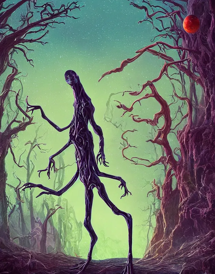 Prompt: a Alien with long limbs thinking by the edge of a celestial forest located on another planet, in the style of 1970s sci fi art, matte painting, vibrant colors, horror