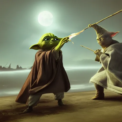 Image similar to Yoda smacking a seagull with a stick, hyperdetailed, artstation, cgsociety, 8k