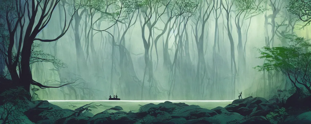 Image similar to deep forest, an old ship in the middle of the forest, rainbow river waterfall, striking composition, huge scale, gentle mists, subtle color variations, highly detailed, a white robed benevolent magician clothed in a royal garment in contemplation meditating upon God, by Eyvind Earle and Mary Blair