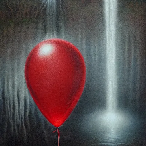 Prompt: grunge painting of a waterfall with a red balloon by chris leib, creepy lighting, horror theme, detailed, elegant, intricate, conceptual, volumetric light