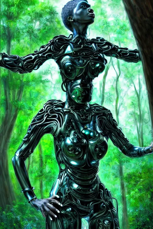 Image similar to hyperrealistic post - baroque super expressive! black woman with exoskeleton armor, merging with tree in a forest, highly detailed digital art masterpiece smooth cam de leon eric zener dramatic pearlescent blue green light ground angle hd 8 k sharp focus