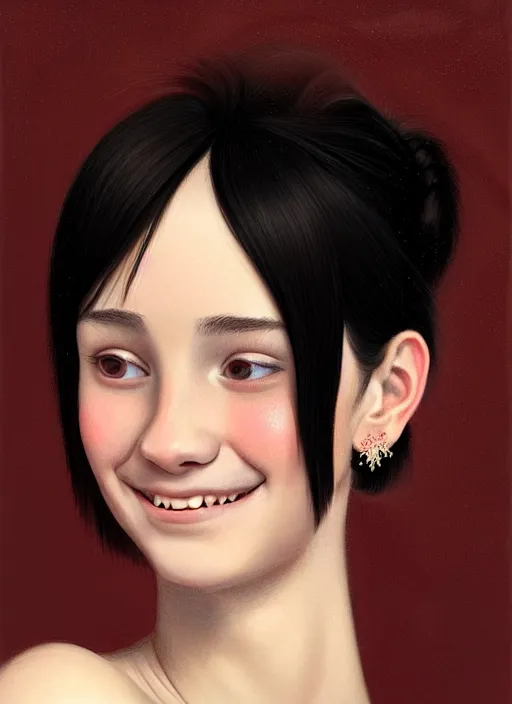 Image similar to portrait of teenage girl, narrow face, short black hair, bangs, half updo hairstyle, skinny, big nose, smile, unattractive, defined jawline, long chin, wearing hair bow, earrings, intricate, elegant, glowing lights, highly detailed, digital painting, artstation, sharp focus, illustration, art by wlop, mars ravelo and greg rutkowski