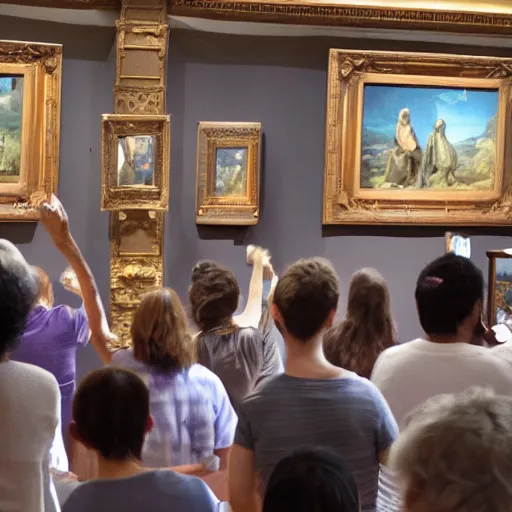 Prompt: audience pointing and laughing at monkey jpeg nft's in museum, 4 k