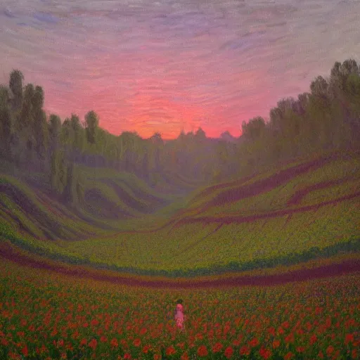 Image similar to enormous cannabis plantation in a valley, sunset in background, surreal, by simon stalenhag and claude monet, oil on canvas