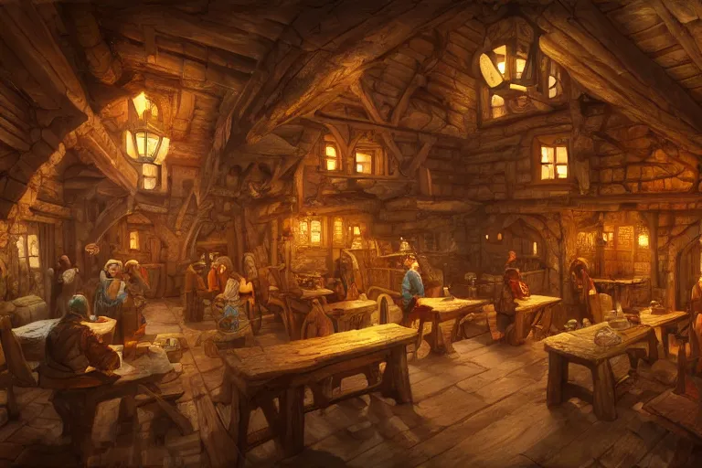 Image similar to a digital painting of an isometric wooden medieval tavern interior by justin gerard, paul bonner, highly detailed, volumetric lighting, digital art, isometric, artstation hd