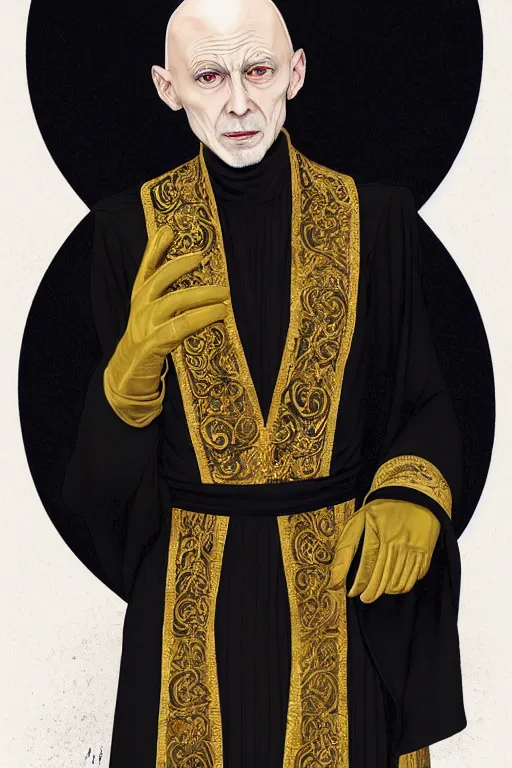 Image similar to a bald pale sorcerer in his late nineties. stately and dour in his expression. eyeliner accentuates his sunken eyes. a high black turtleneck covers his thin neck. opulent white golden red robe. white leather gloves with gold decoration, black turtleneck, sharp focus, illustration, digital painting, art by magali villeneuve