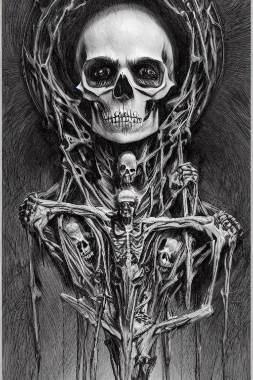 Image similar to crucified skeleton portrait album cover hyper detailed concept art sheet crosshatch sketch illustration art style by Jonathan Wayshak and Toshihiro Egawa and Zdizslaw Beksinski and Artstation trending 8k