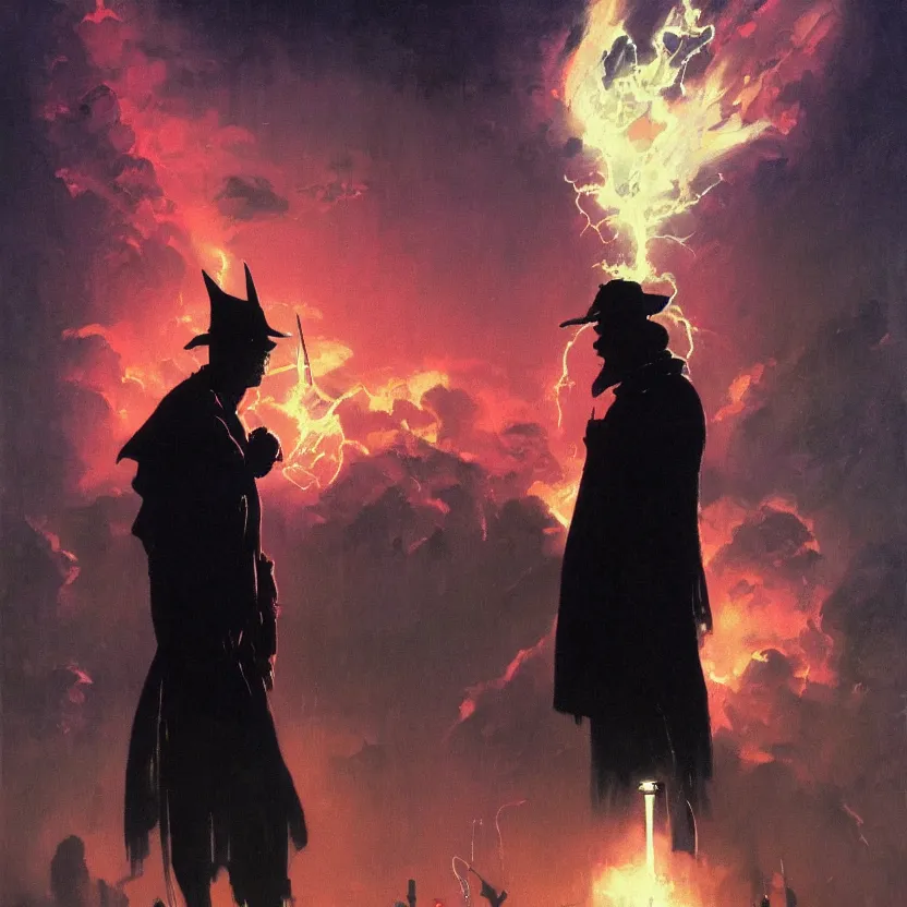 Image similar to a dark and colorful portrait of a silhouetted sci - fi wizard opening floodgates. glowing fog in the background. highly detailed science fiction painting by norman rockwell, frank frazetta, and syd mead. rich colors, high contrast, gloomy atmosphere, dark background. trending on artstation