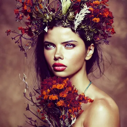 Image similar to fine art photo of the beauty goddess adriana lima, she has a crown of dried flowers, by oleg oprisco