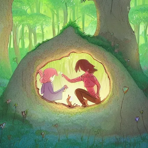 Image similar to a faerie and firefly couple living inside a hollow in a tree, masterpiece soft focus painting by kerascoet by marie pommepuy and sebastien cosset by studio ghibli, dynamic lighting