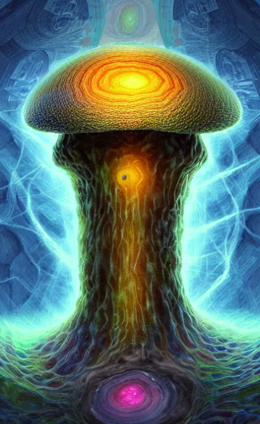 Image similar to enormous mushroom deity of the stars resides inside void manifold, mycelium forms quantum foam, fractal of scary dirac equations, portrait by ross tran, timeline nexus, ascending universes, a dnd illustration of esoteric concept by cgsociety and james gurney, artstation, hdr, rtx, iridescent wise mushroom deity