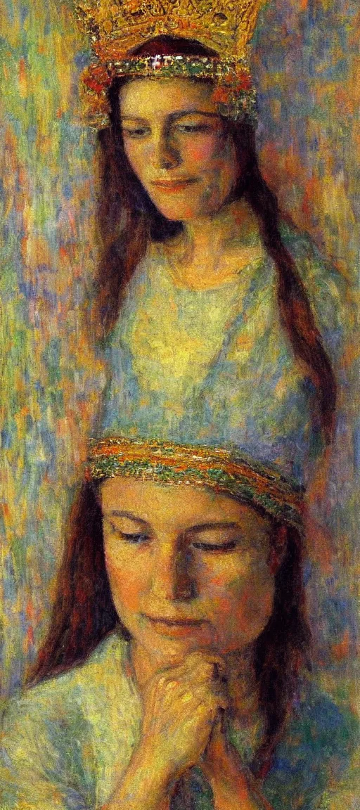 Prompt: all this fight in me, a crown of light on my forehead, oil on rough canvas by minerva teichert, impasto, vivid colors