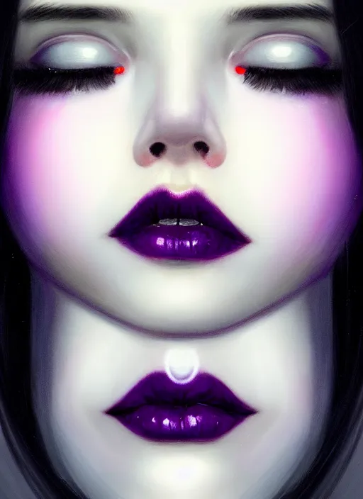 Image similar to portrait of pale teenage girl, red irises, black hair, white bangs, purple lipstick, white bangs, bangs, black hair and white bangs, intricate, elegant, glowing lights, highly detailed, digital painting, artstation, concept art, smooth, sharp focus, illustration, art by wlop, mars ravelo and greg rutkowski