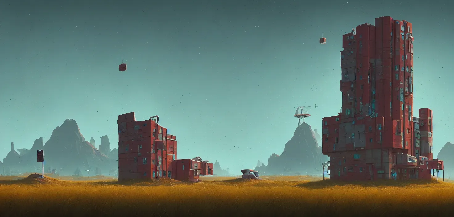 Image similar to a building in a stunning landscape in the style of simon stalenhag