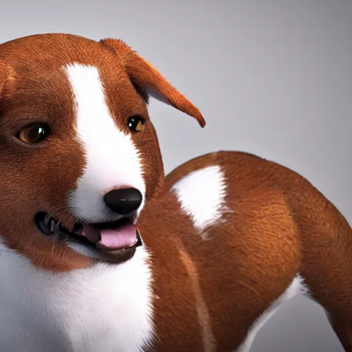 Image similar to crisp quality and light reflections, photorealistic portrait, studio lighting, still photo of a cute dog, bright studio setting, highly detailed, unreal engine 5 quality render