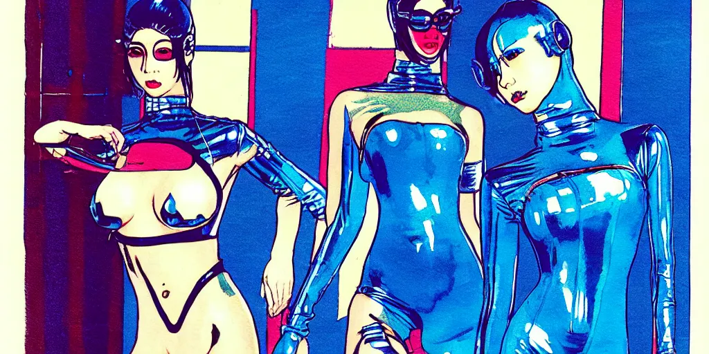 Prompt: a close - up grainy risograph painting of cyberpunk japanese model girl with black eyes and pretty face wearing latex catsuit and lots of transparent and cellophane accessories, blue hour, twilight, by moebius and jack gaughan and lehr paul