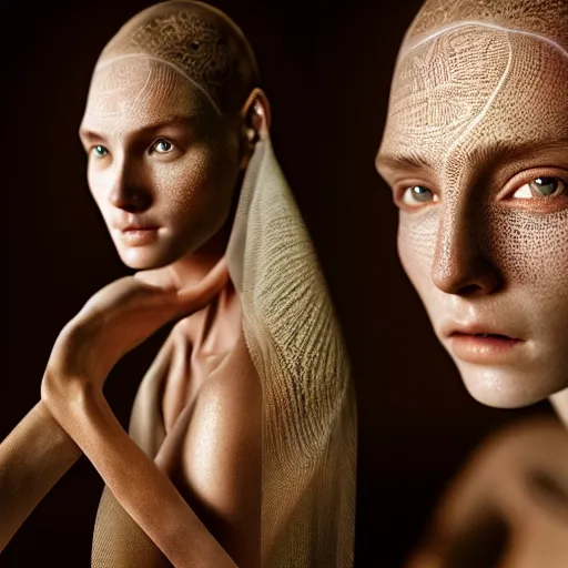 Prompt: female supermodel with translucent skin, beautiful detailed intricate insanely detailed octane render, 8K artistic photography, photorealistic, chiaroscuro, by Steve Mccurry, Joey L, Raphael, Caravaggio