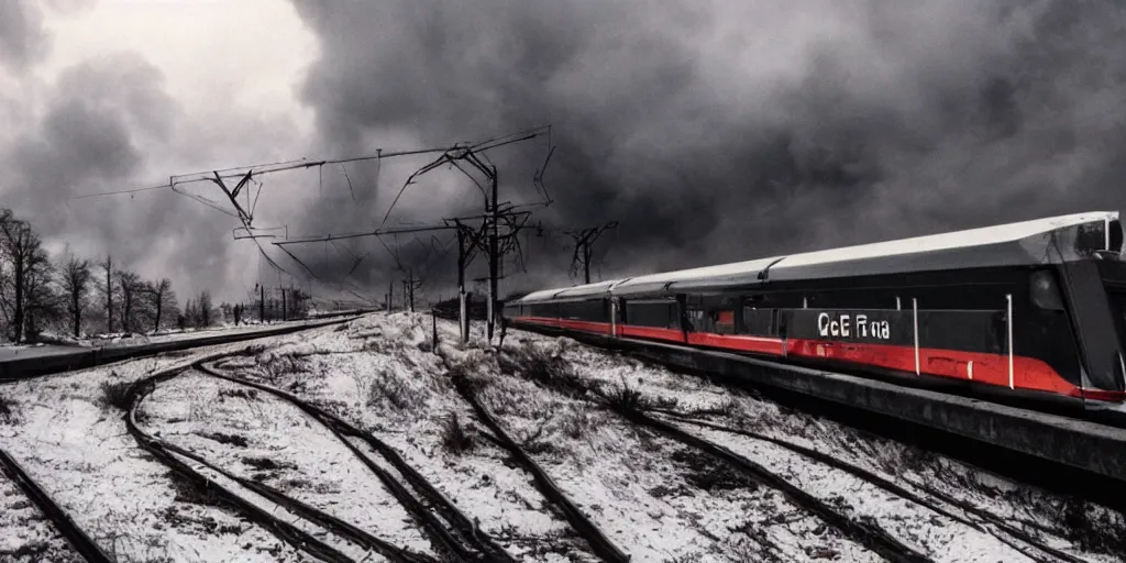 Prompt: a german ice train driving through a hellscape, speed, cinematic, apocalyptic, film still