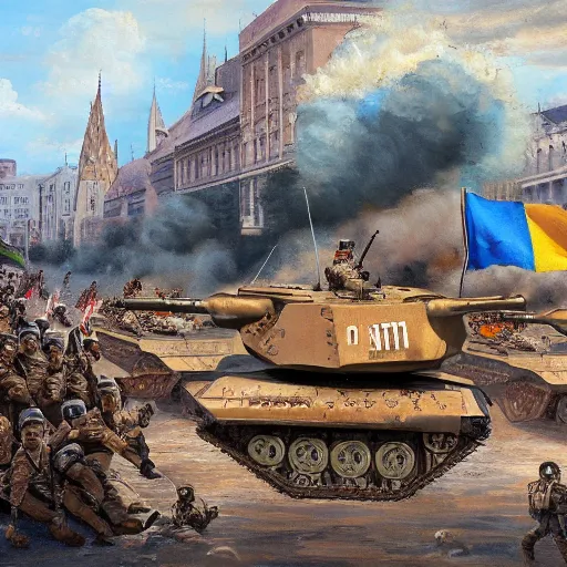 Image similar to army of the european union with tanks fighting on the streets of budapest 2 0 2 2, highly detailed oil painting