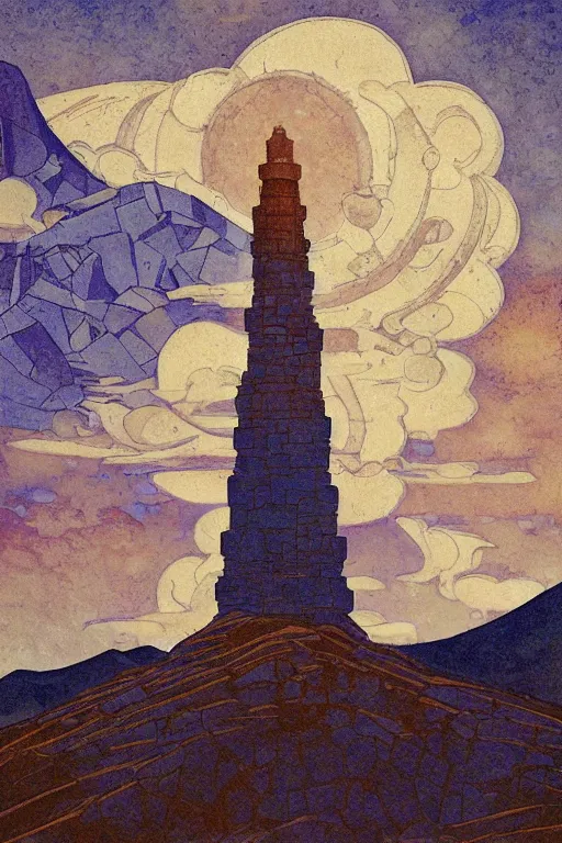 Image similar to painted tower of the moon, by Sylvain Sarrailh and Nicholas Roerich and Annie Swynnerton, dramatic cinematic lighting , beautiful tilework mosaics, ornate architecture, sacred artifacts, lost civilizations, smooth, sharp focus, extremely detailed