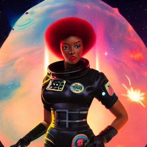 Image similar to beautiful black female cyberpunk astronaut in a 1 9 5 0's pinup art, cinematic composition, award winning art, octane render, exploding nebulae, outer space, artwork by norman rockwell