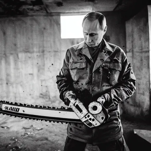 Image similar to putin with a chainsaw. in a concrete bunker with a pile of corpses. focus on putins face with blood splatters. canon eos r 3, f / 1. 4, iso 1 6 0 0, 1 / 8 0 s, 8 k, raw, grainy