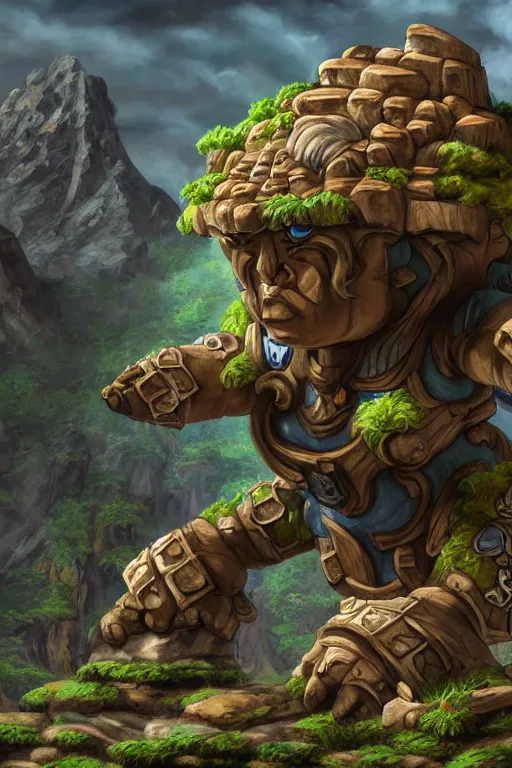 Image similar to zelda fantasy art giant golem troll wood rock greeble gemstone, global illumination ray tracing hdr fanart arstation by sung choi and eric pfeiffer and gabriel garza and casper konefal