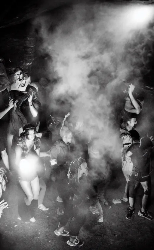 Image similar to a argentic photography dark party with smoke and laser system in paris catacombs, les catacombes, people dancing, dark, uv, techno, bones, party, photography canon, ecstasy, illegal, alcohol,
