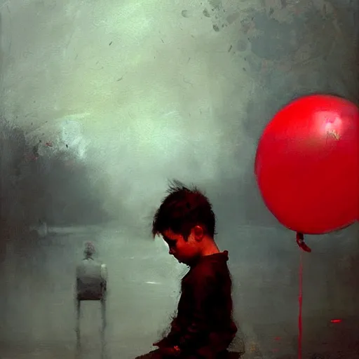 Image similar to lonely kid with a red balloon, gloomy, painting by jeremy mann