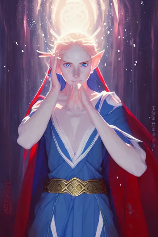 Image similar to elf female sorcerer doing water magic spells, blue robes, red hair, finely detailed perfect face, exquisite details, mid view, design on a white background, by studio muti, greg rutkowski makoto shinkai takashi takeuchi studio ghibli